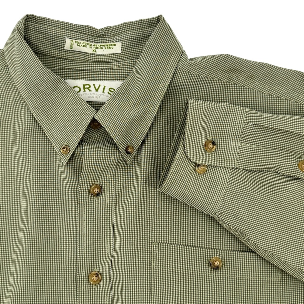 ORVIS Shirt Mens XL Button Down Long Sleeve Green Gingham Poly/Lyocell Blend
